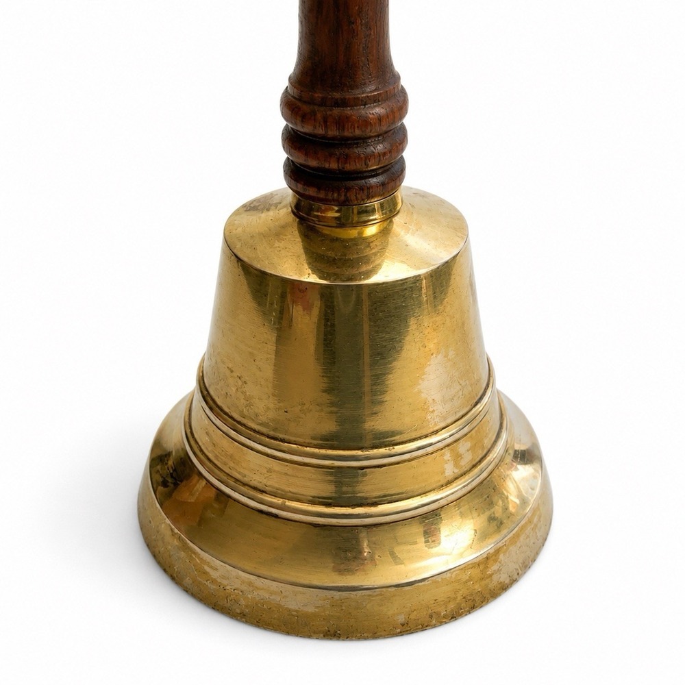 Vintage Heavy Solid Brass Hand Bell Wood Handle Loud Farmhouse Tavern Decor - Picture 5 of 7